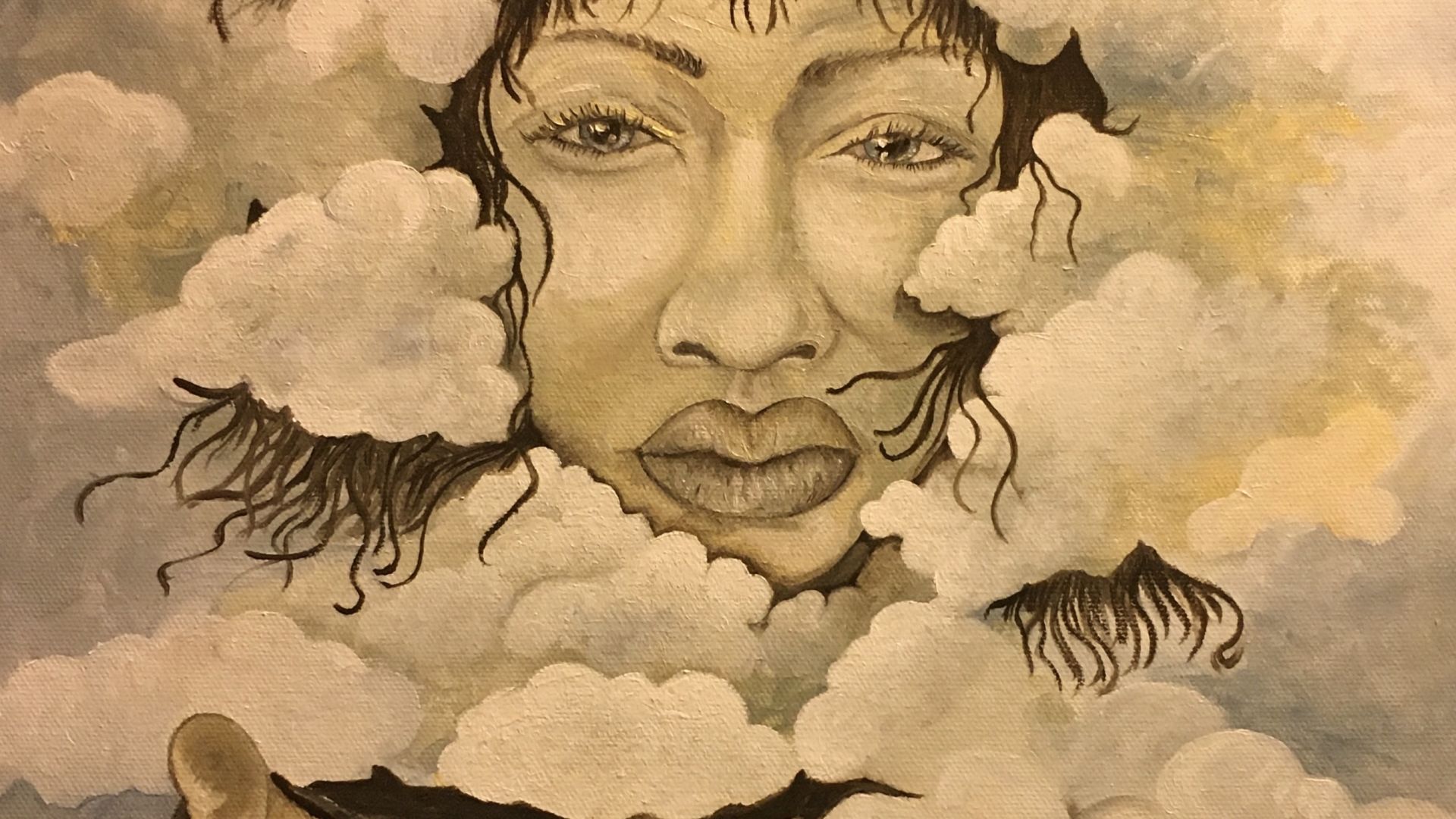 Painting of a face in the clouds by Cora Green at Hotel Preston.