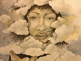 Painting of a face in the clouds by Cora Green at Hotel Preston.